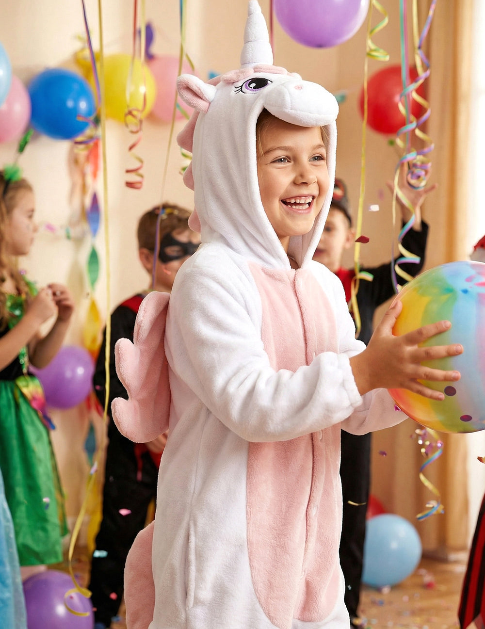 Mise en situation festive de la combinaison licorne pour enfant