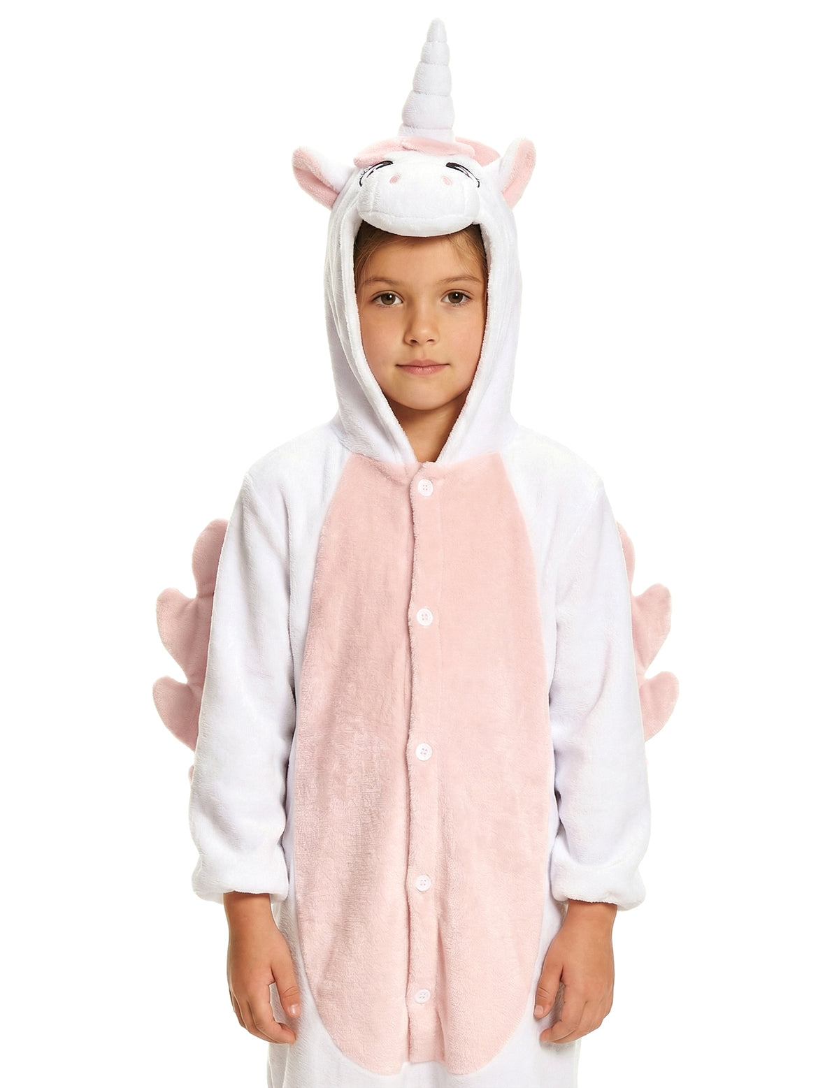 Gros plan sur la capuche de la combinaison licorne pour enfant