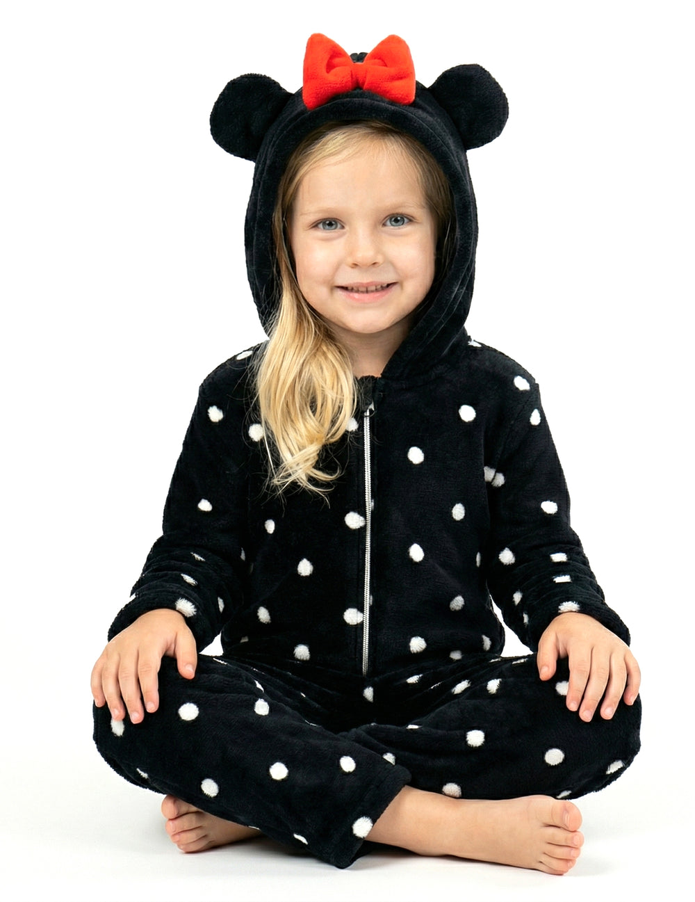 Vue de face assise de la combinaison Minnie pour enfant