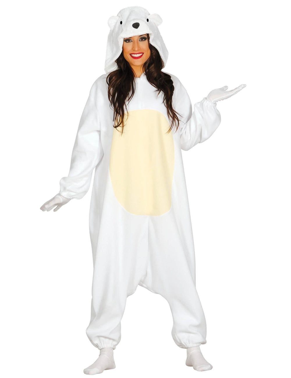 Fato de urso polar para mulher branca com barriga amarela