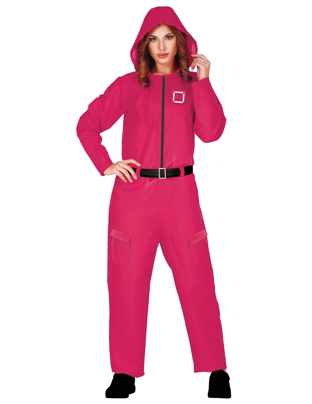 Combinaison de gardien de jeu pour femme rose avec capuche et ceinture noire