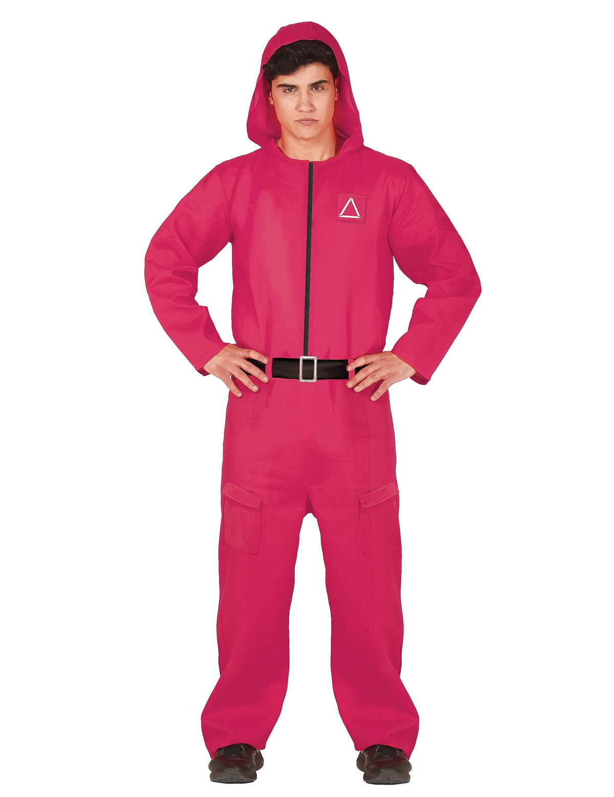 Fato de guarda-redes para homem cor de rosa com cinto preto e capuz