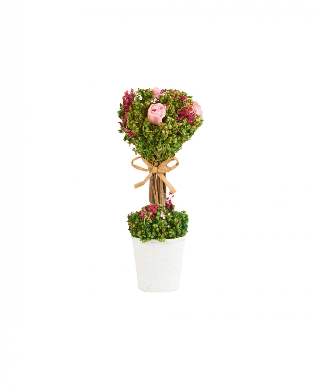 Composição de flores secas e rosas para decoração com rosas cor-de-rosa e laço em juta num pote branco