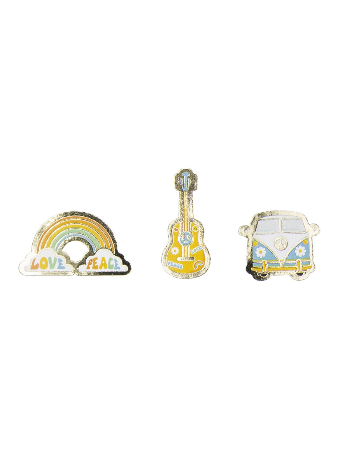 Gros plan sur les motifs arc-en-ciel, guitare et van des confettis de table en papier Hippie Party