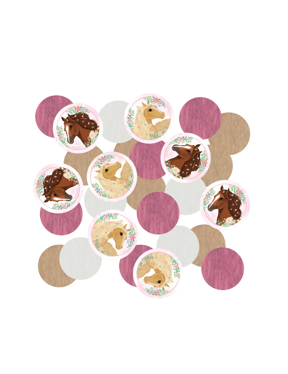 Confettis joli cheval pour table anniversaire rose, blanc et beige avec motifs floraux