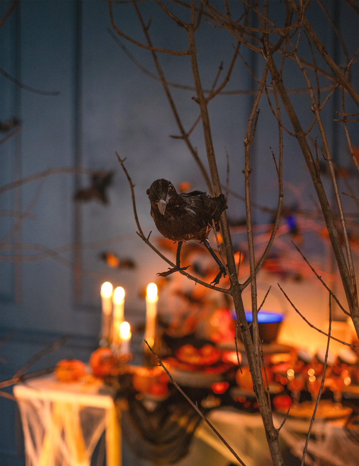 Mise en situation du corbeau en plumes pour décoration d'Halloween