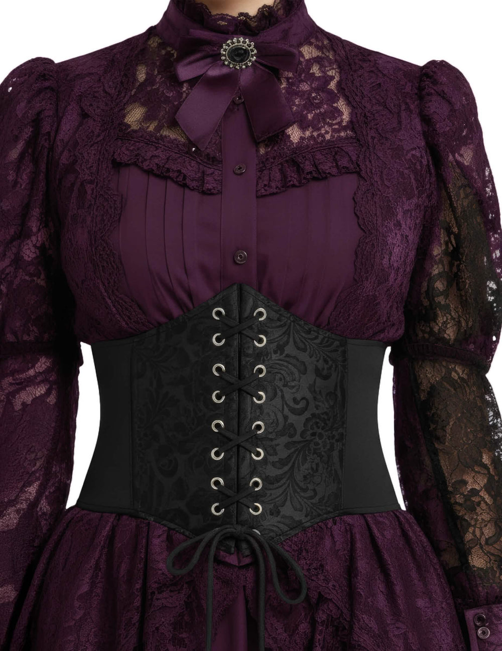 Corset elástico com padrão barroco para mulher preto com laços