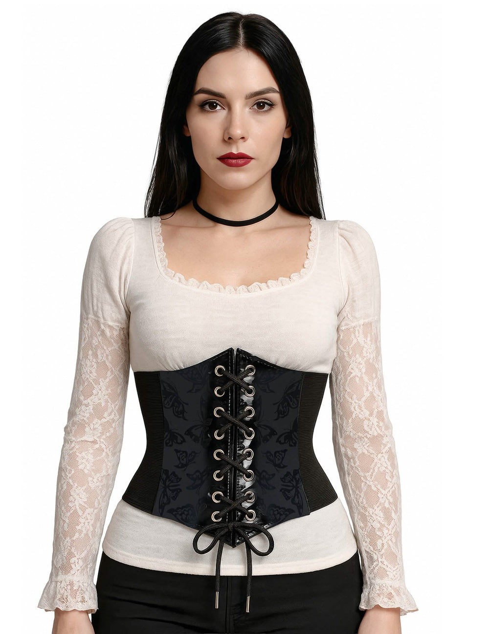 Corset elástico com motivo de borboleta para mulher preto com laçagem frontal