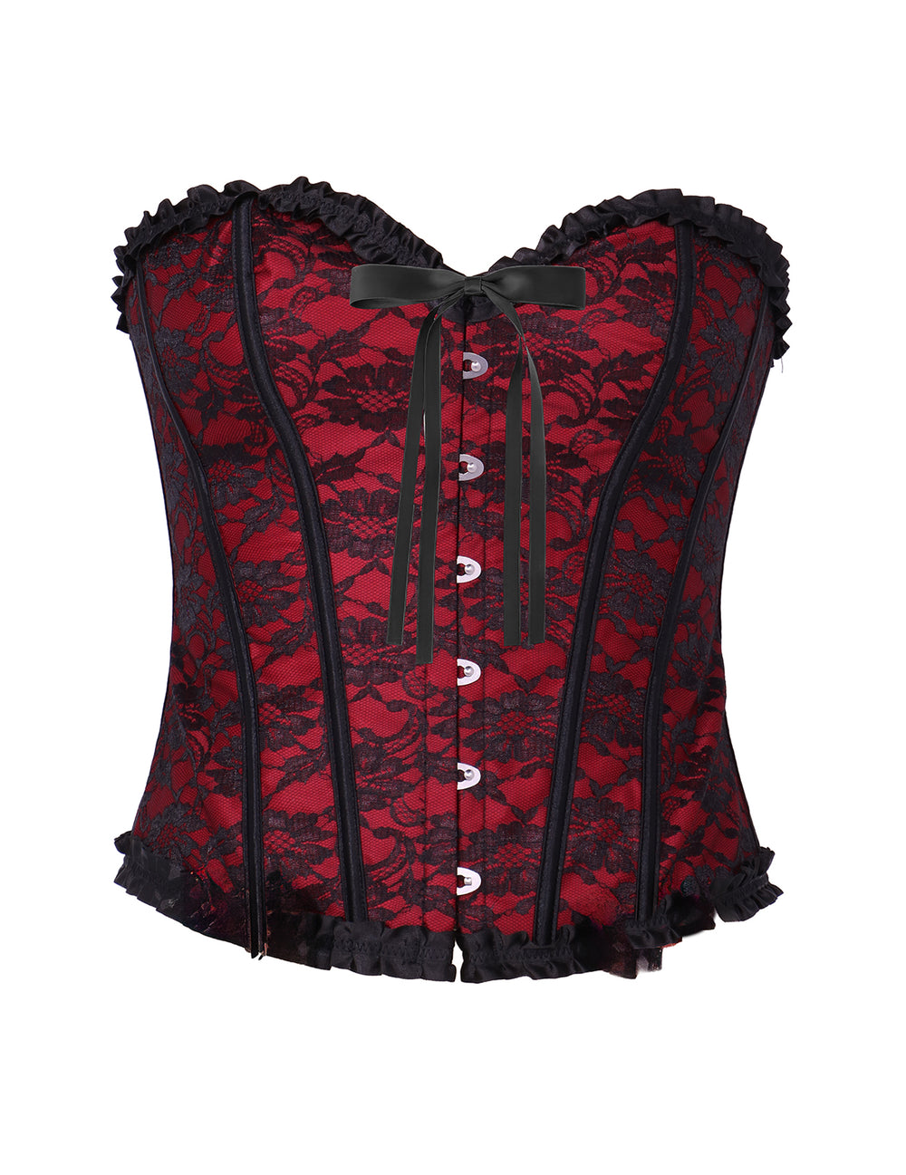 Vue de face du corset pour femme rouge à dentelle noire