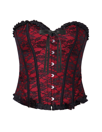 Vue de face du corset pour femme rouge à dentelle noire