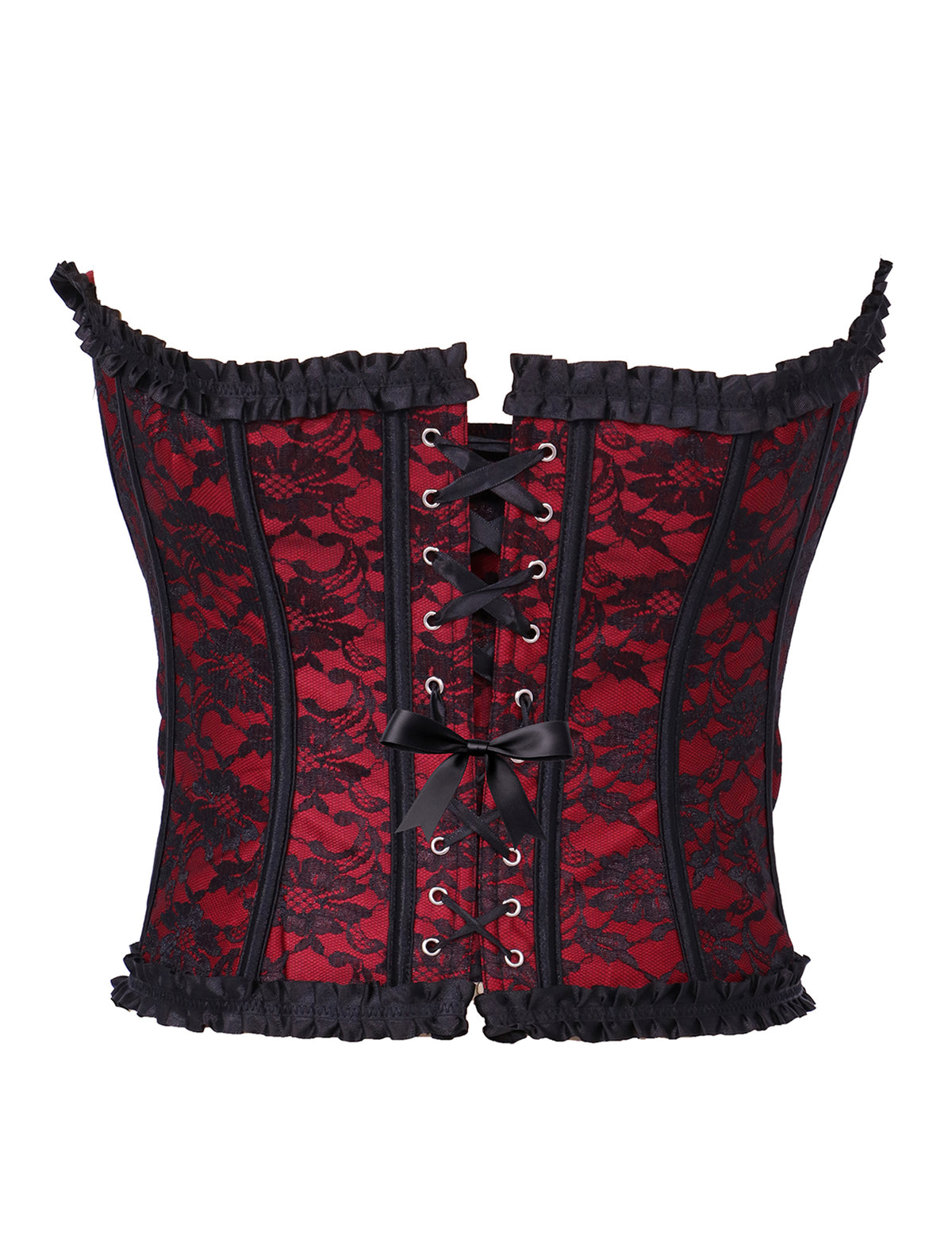 Vue de dos du corset pour femme rouge à dentelle noire