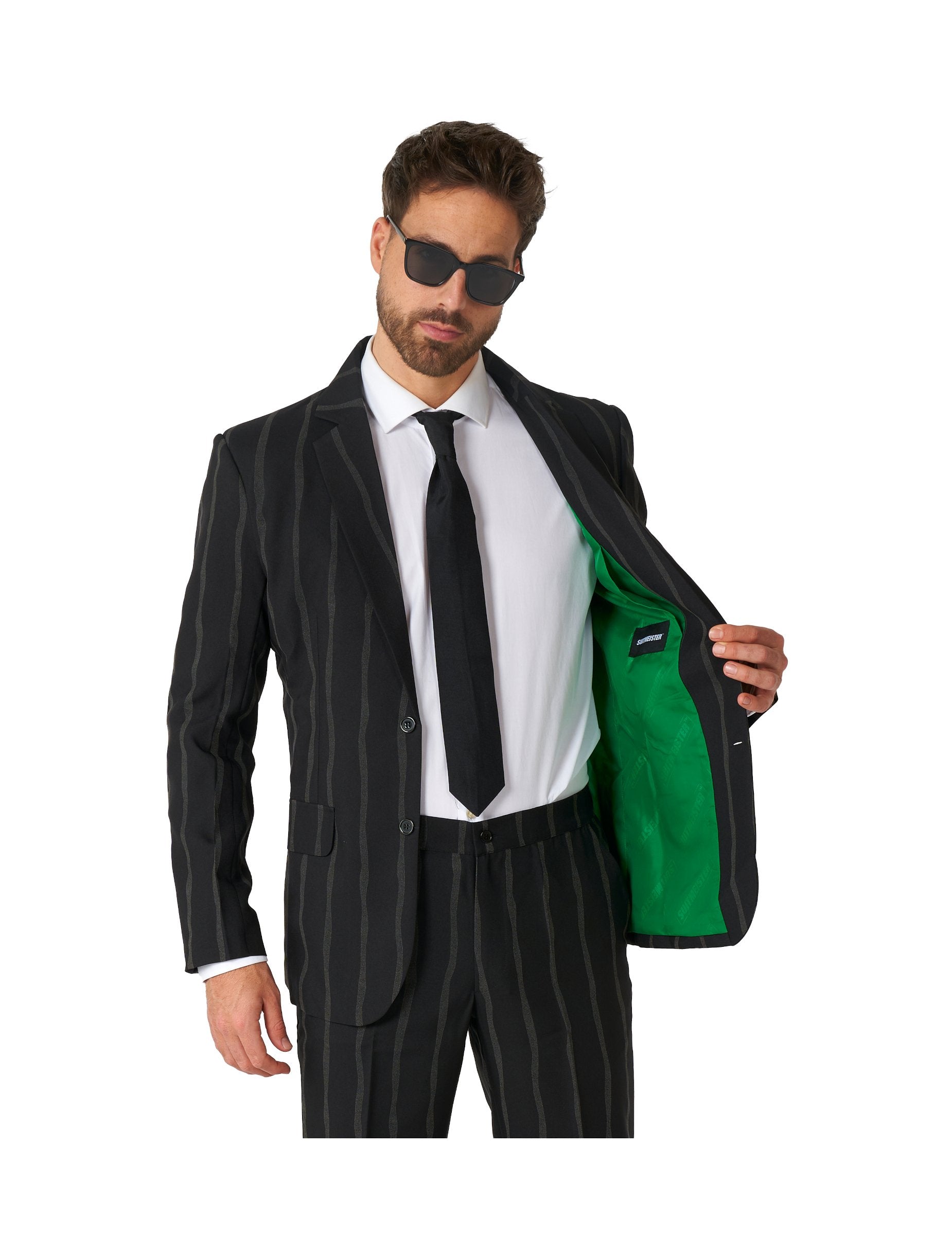 Détail de la doublure verte du costume à rayures phosphorescentes Suitmeister