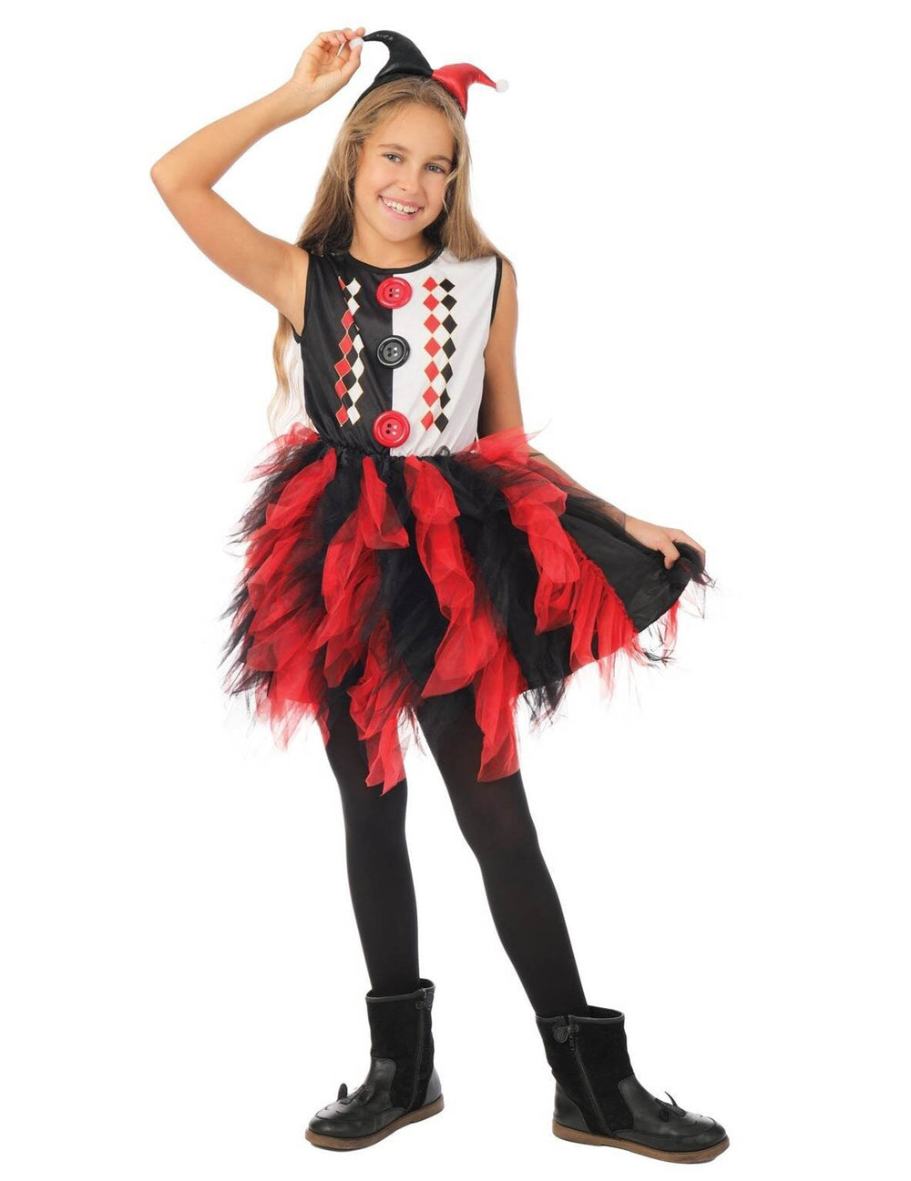 Déguisement arlequin avec jupon pour fille noir et rouge avec serre-tête