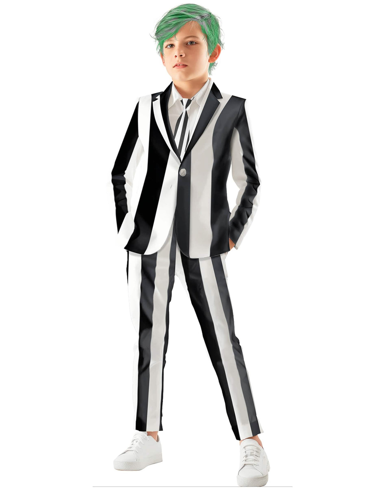 Costume de fantôme à rayures pour enfant noir et blanc avec cravate