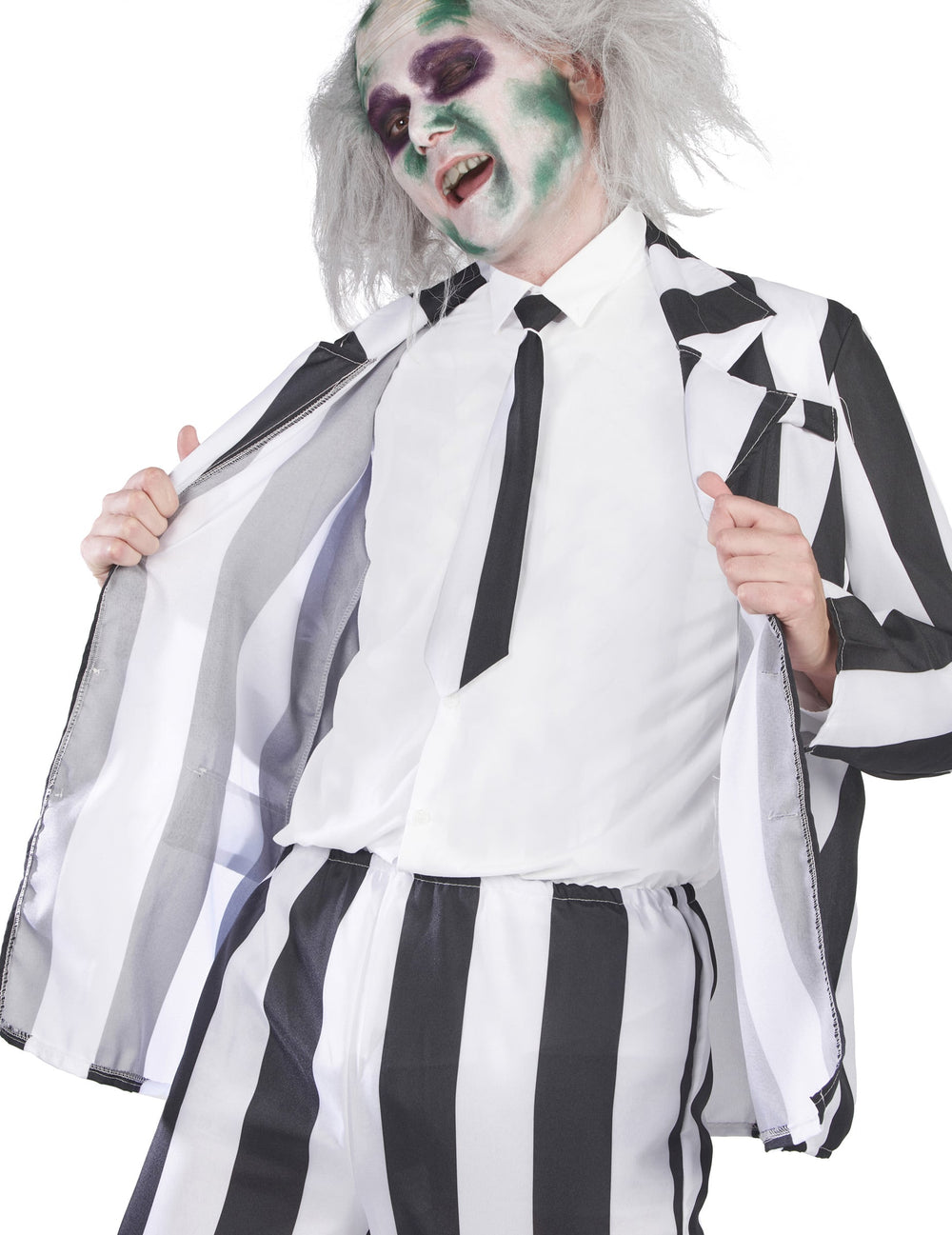 Vue de face du costume de fantôme à rayures noires et blanches pour homme