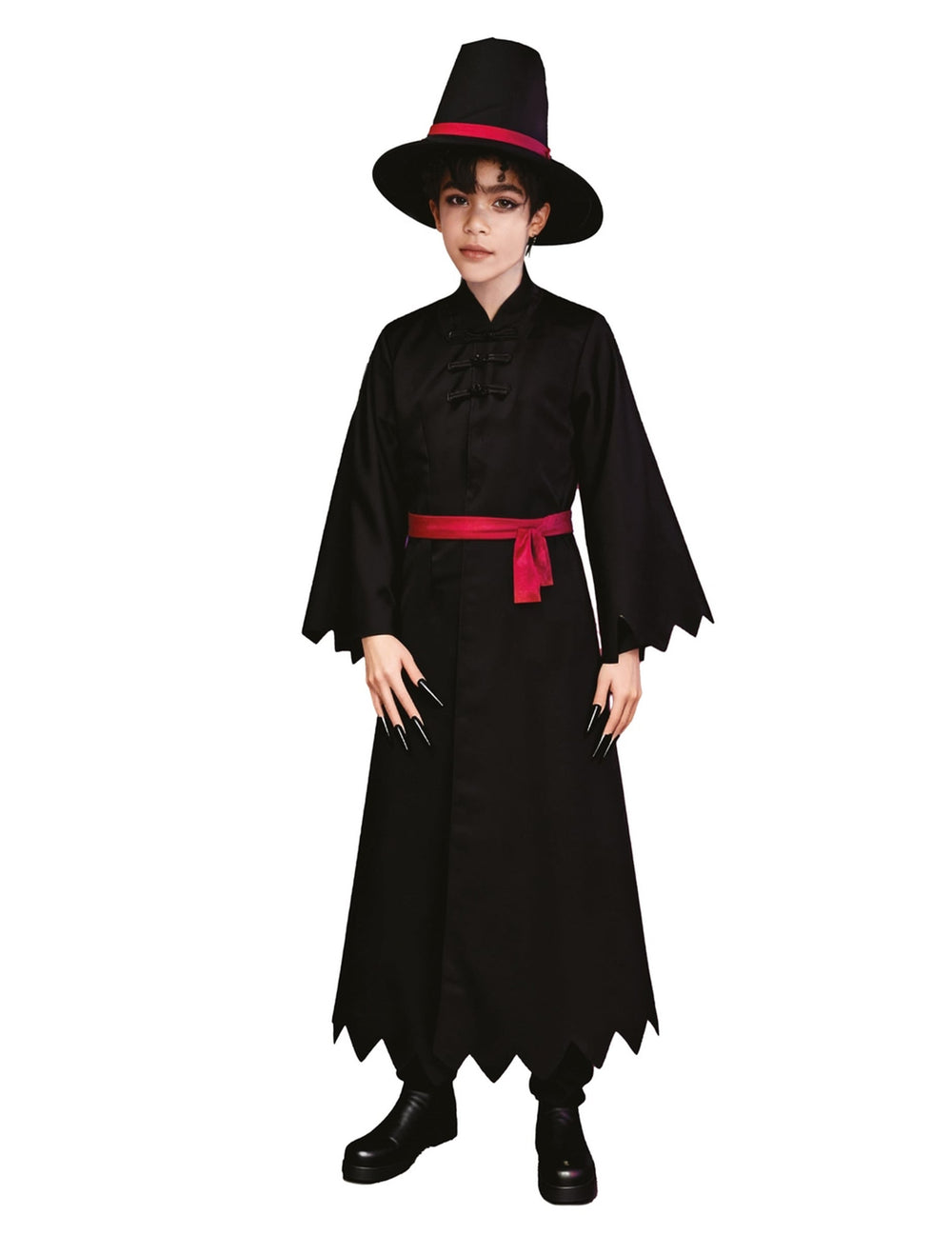 Costume démon kpop pour enfant noir avec ceinture rouge et chapeau pointu