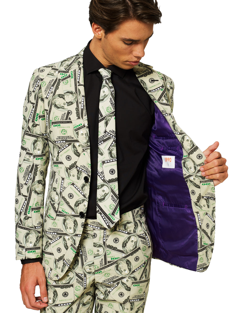 Détail de la doublure intérieure violette du costume Mr. Cashanova pour homme