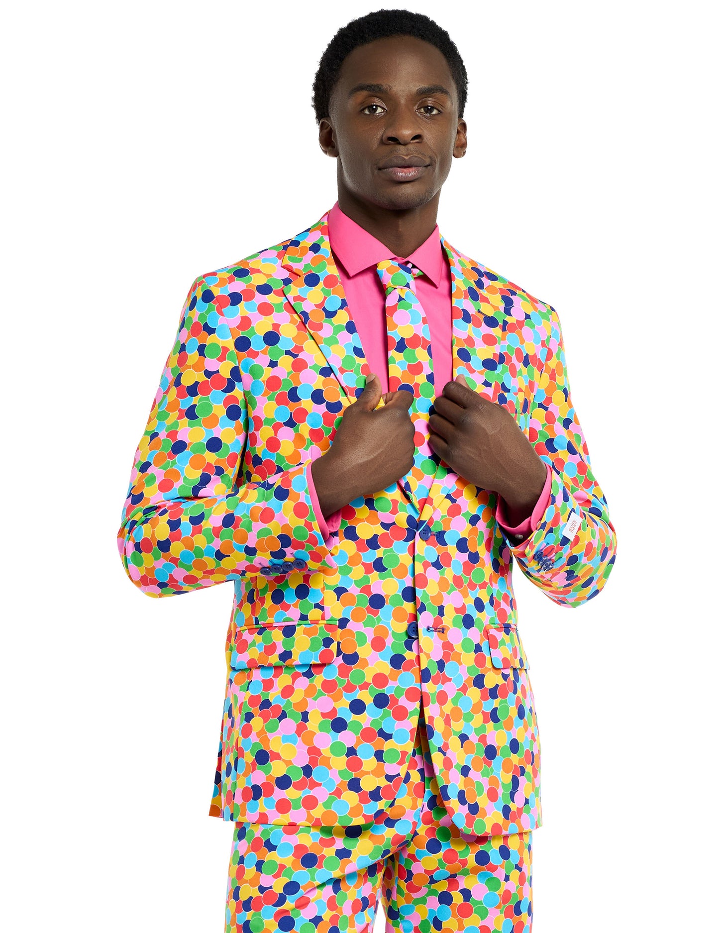 Détail de la veste et de la cravate du costume Mr. Confetteroni Opposuits pour homme