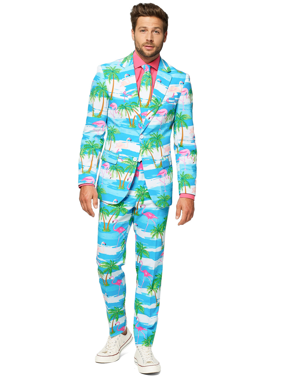Costume Mr. Flamingo pour homme bleu à motifs flamants roses et palmiers