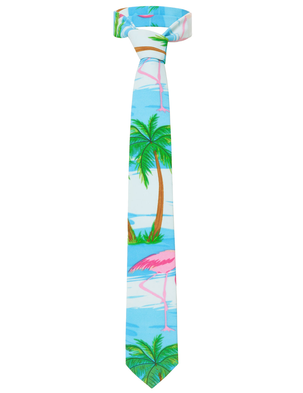 Cravate Mr. Flamingo pour homme bleue à motifs palmiers et flamants roses