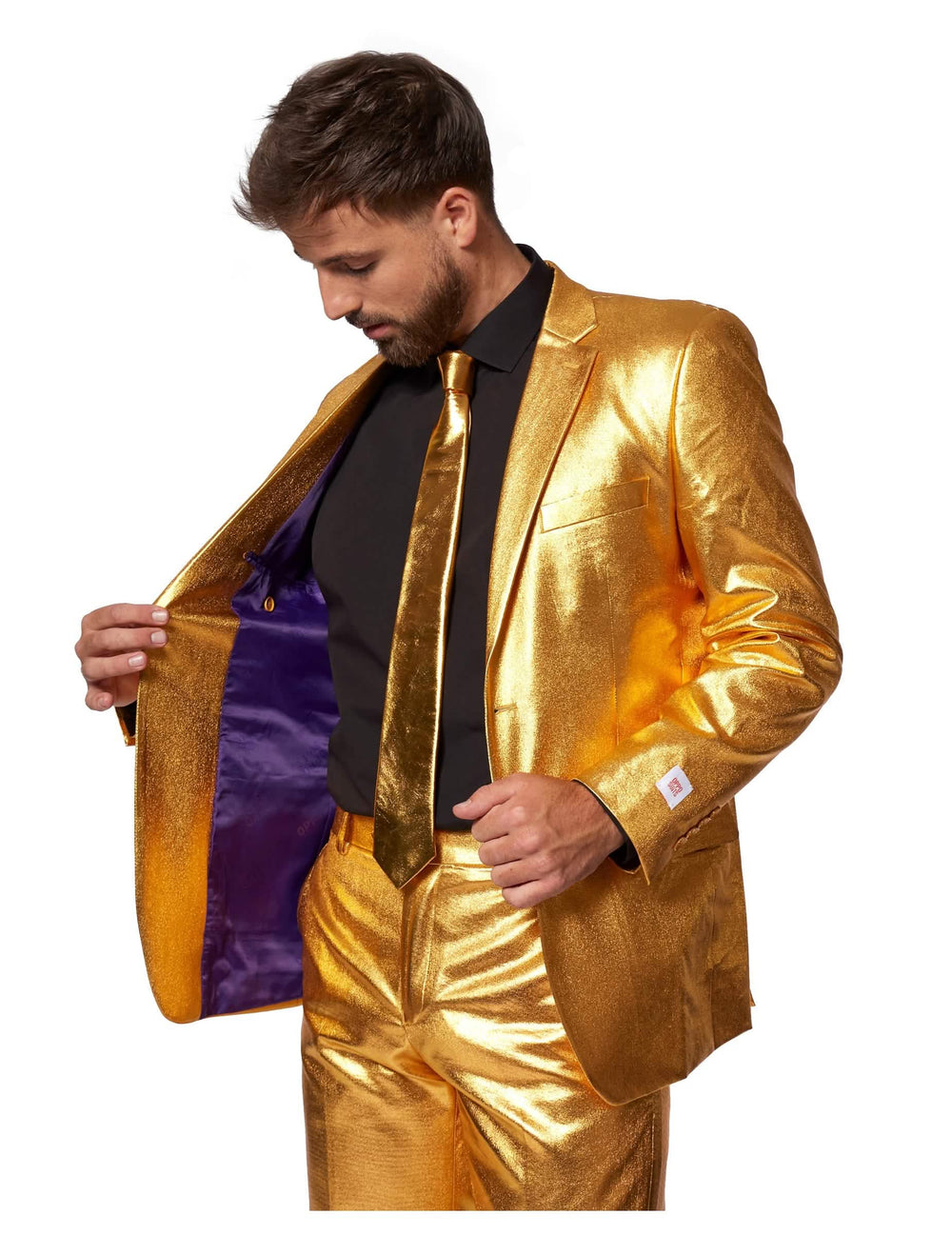Detalhe do forro roxo do casaco do fato Mr. Groovy Gold Opposuits para homem