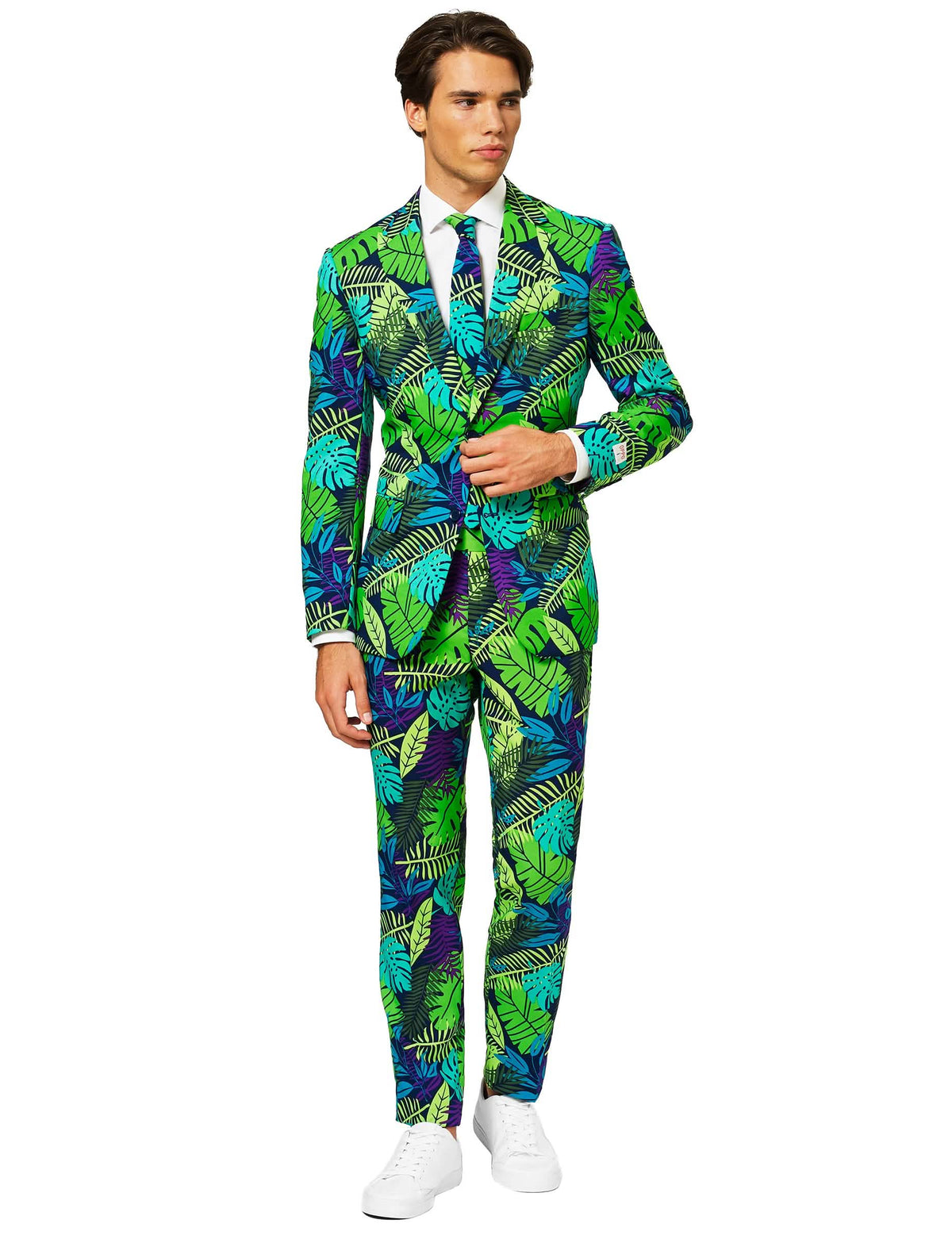Fato Mr. Juicy selva para homem com motivos de folhas tropicais verdes e azul