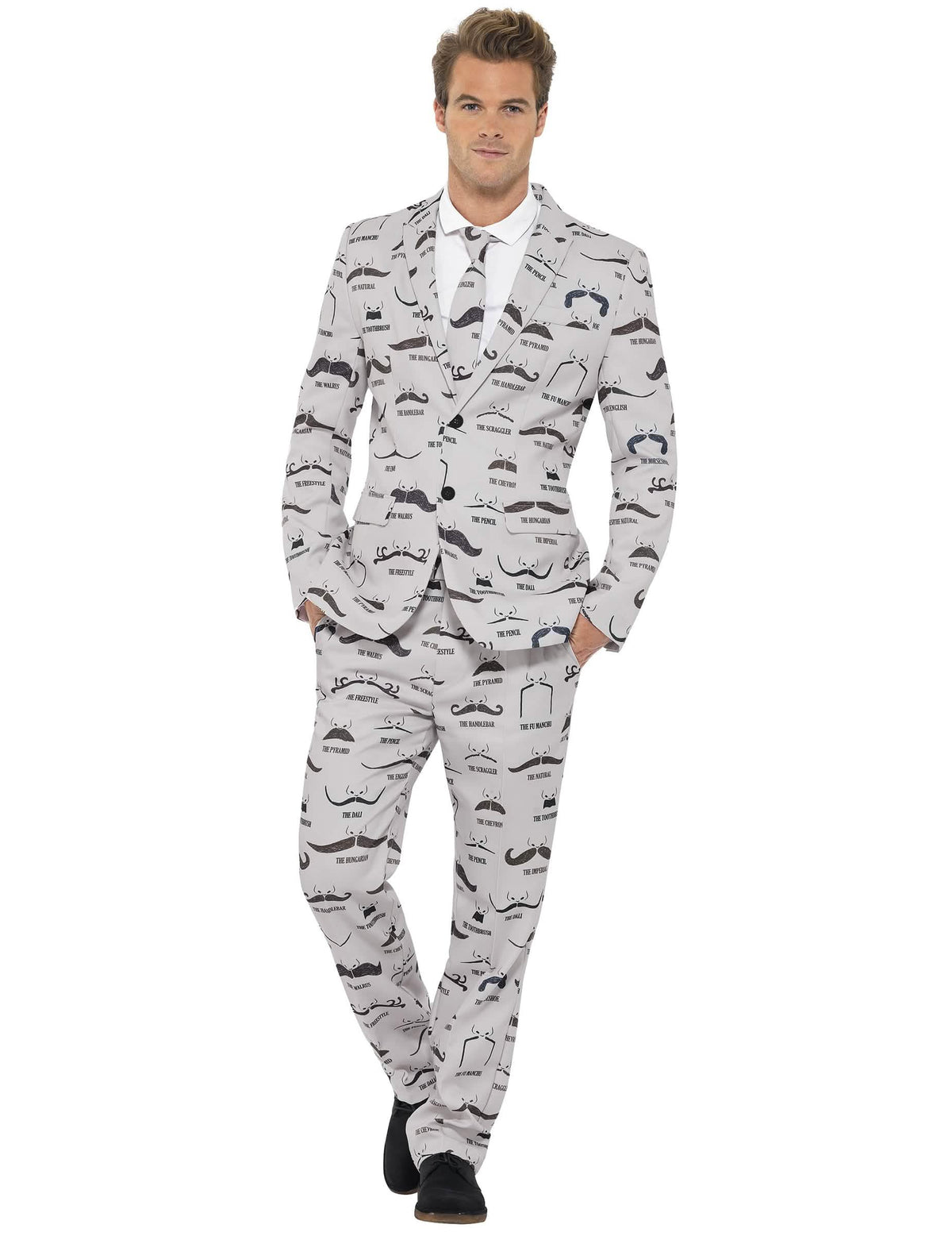 Fato Mr. Bigode para homem cinzento com estampados de bigodes pretos