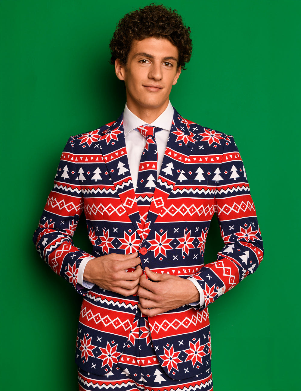 Costume Mr. Nordic Xmas pour homme bleu et rouge à motifs scandinaves