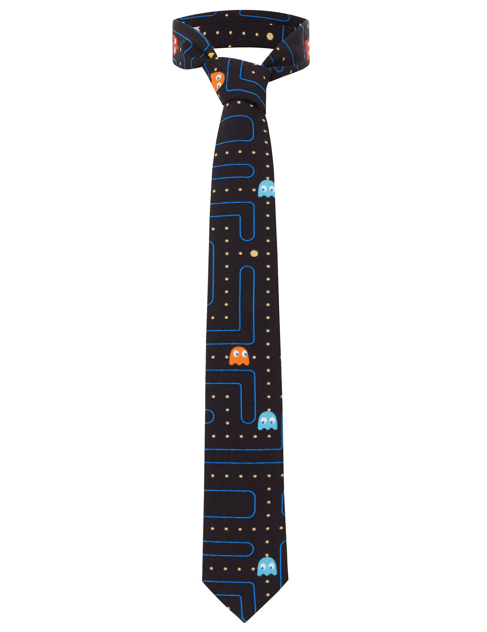 Cravate Mr. Pac-Man pour homme noir à motifs labyrinthe et fantômes