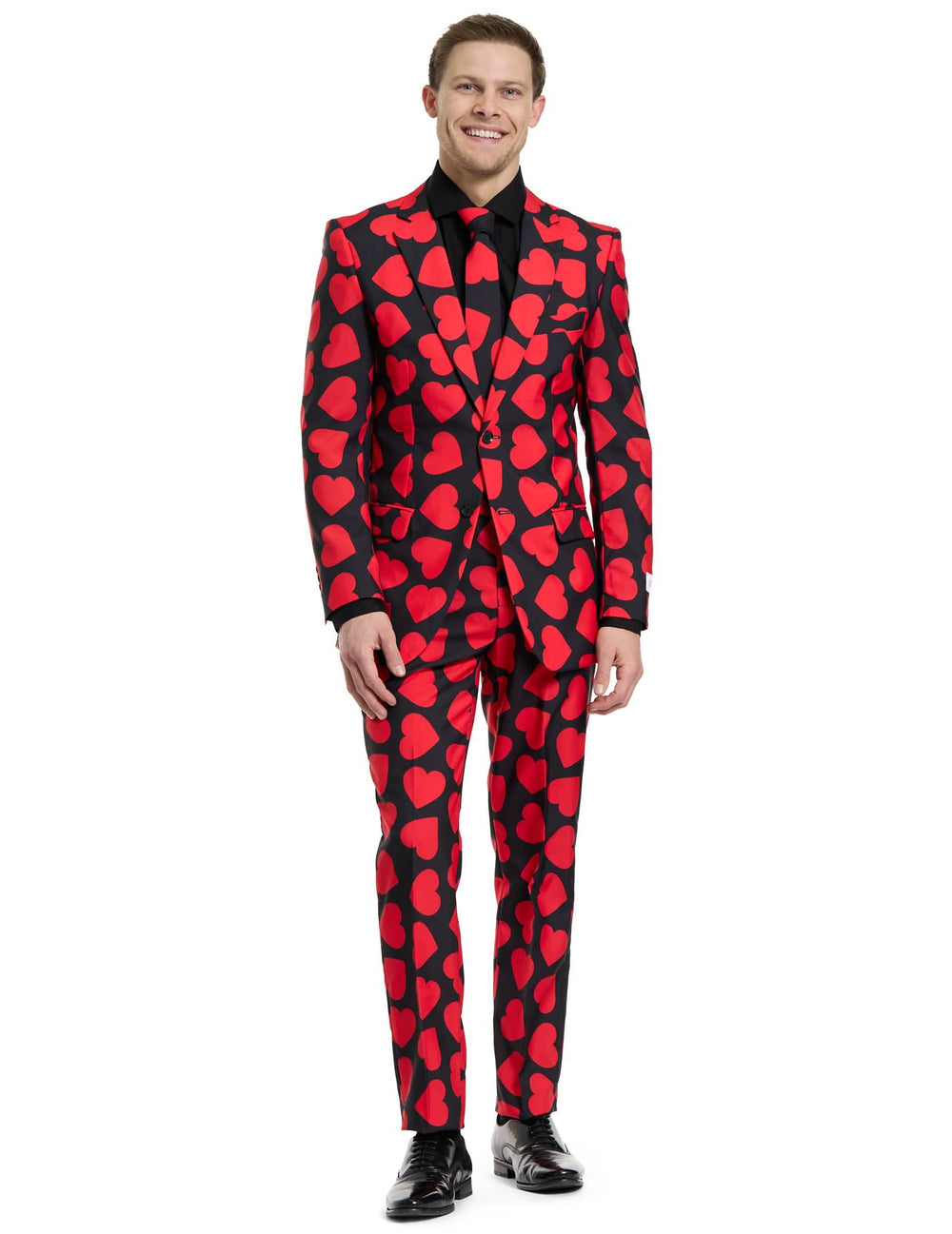 Fato de Carnaval Mr. Rei de corações para homem preto com motivos de corações vermelhos