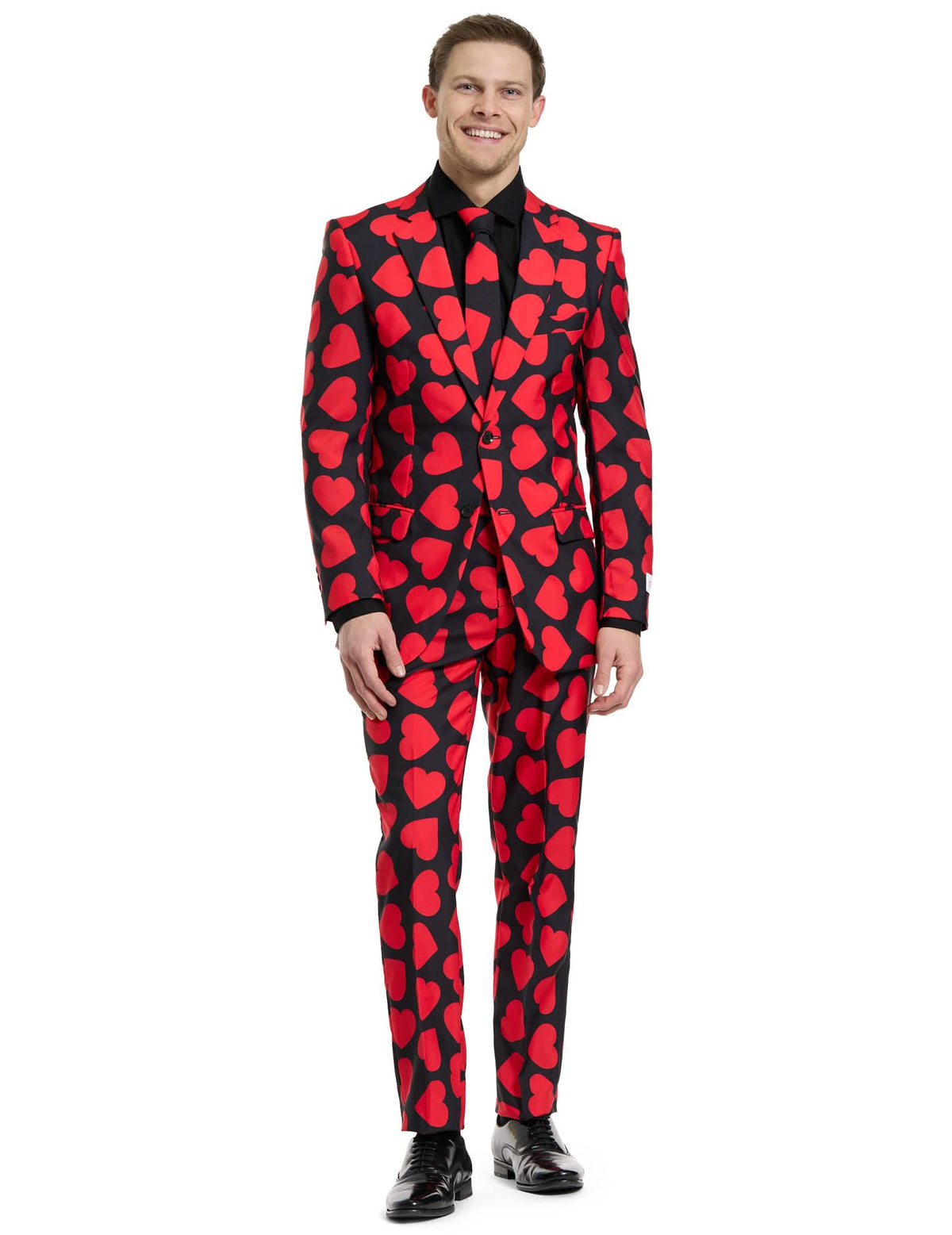 Fato de Carnaval Mr. Rei de corações para homem preto com motivos de corações vermelhos