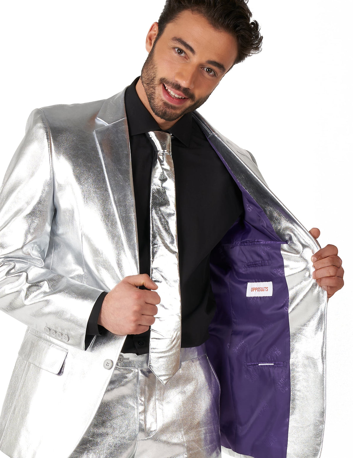 Détail de la doublure intérieure violette du Costume Mr. Shiny Silver pour homme