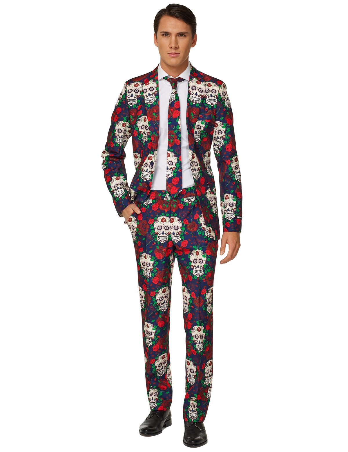 Costume Mr. Skull Day of the dead pour homme bleu marine à motifs crânes et roses rouges