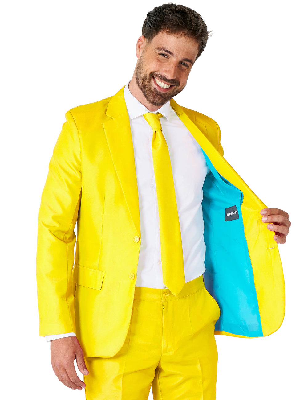 Détail de la doublure turquoise de la veste du Costume Mr. Solid pour homme jaune