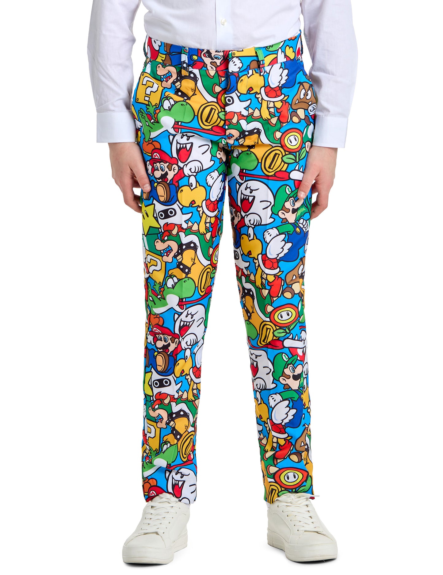 Gros plan sur le pantalon du costume Mr. Super Mario pour adolescent