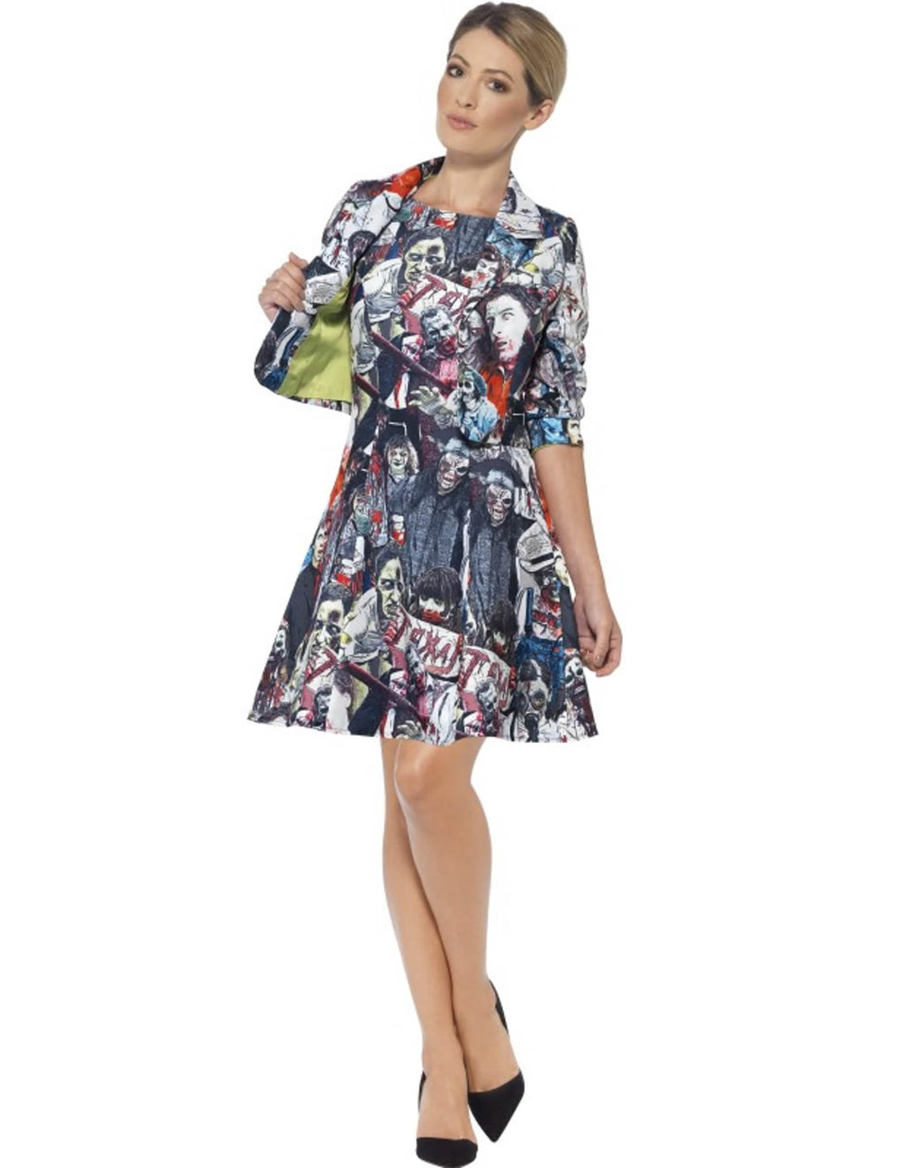 Fato Mrs. Zombie para mulher estampado zumbis multicores