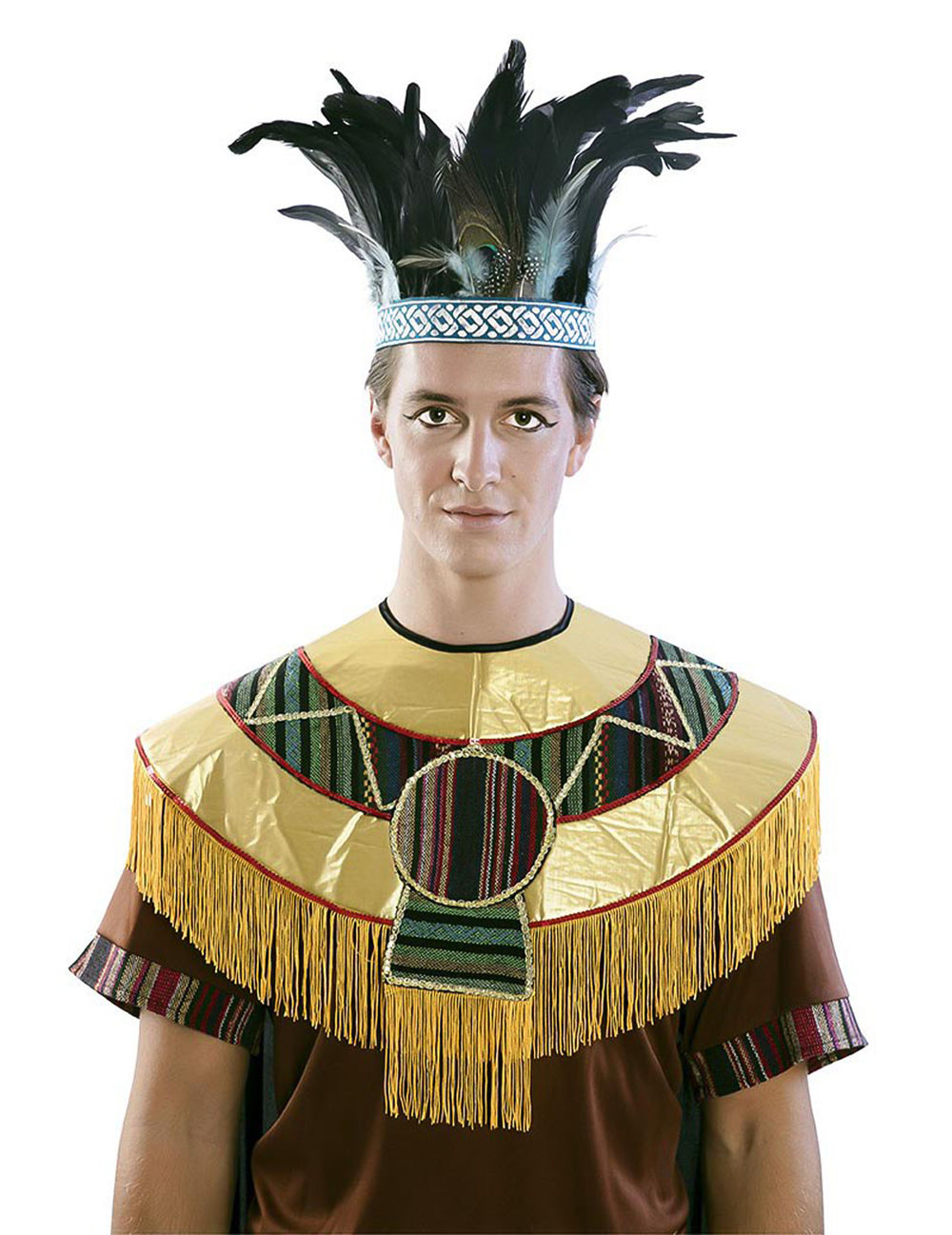 Couronne à plumes Aztèque pour adulte noire et bleue avec bandeau brodé
