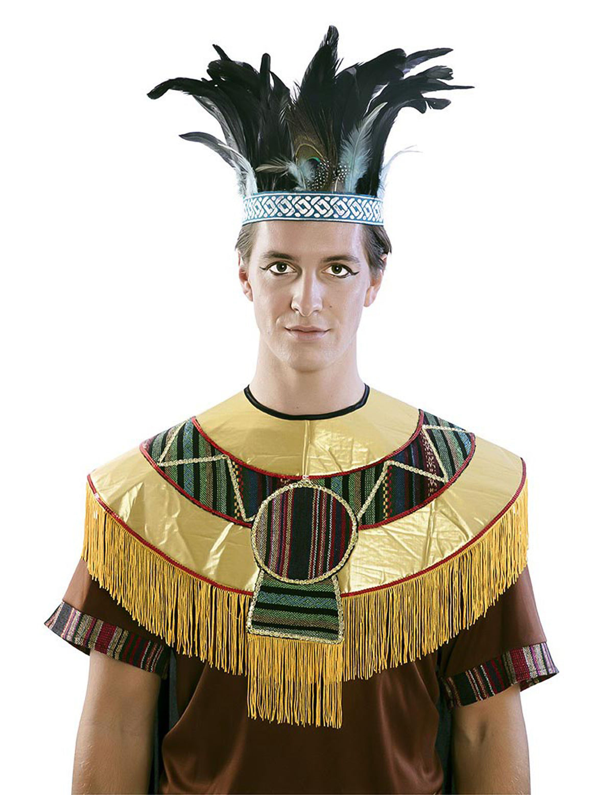 Couronne à plumes Aztèque pour adulte noire et bleue avec bandeau brodé
