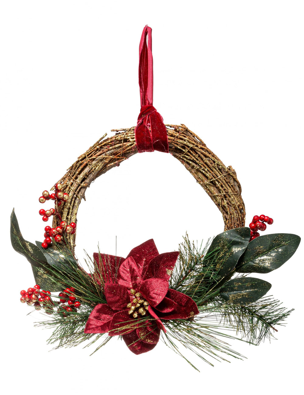 Couronne à suspendre fleur de poinsettia de Noël rouge et or avec feuillage et baies