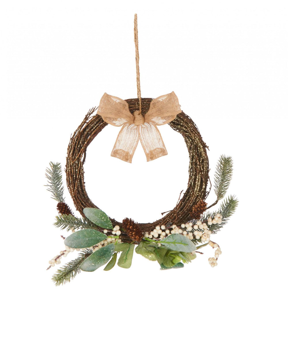 Coroa natural para pendurar em eucalipto com pequeno laço castanho e bagas brancas