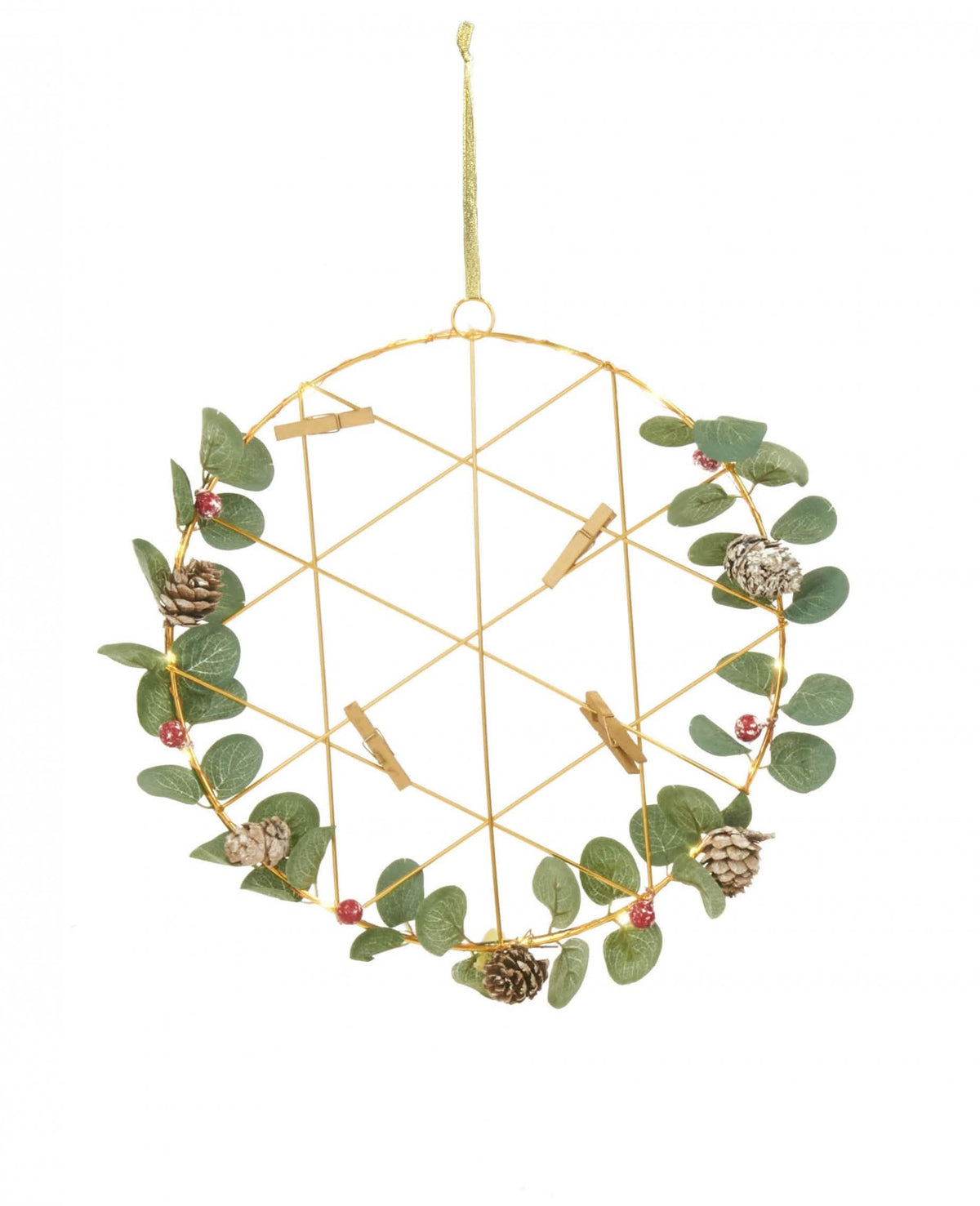 Coroa suspensa pêle-mêle luminosa com molas para decoração dourada com eucalipto e pinhas