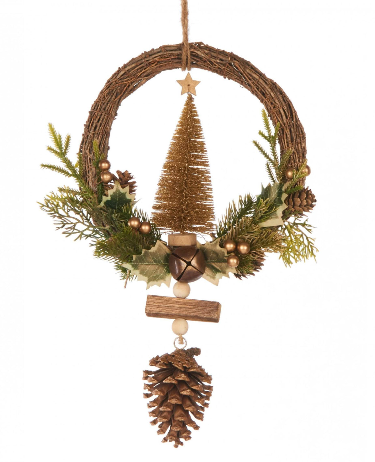 Coroa dourada para pendurar na árvore para decoração de natal com pinhas