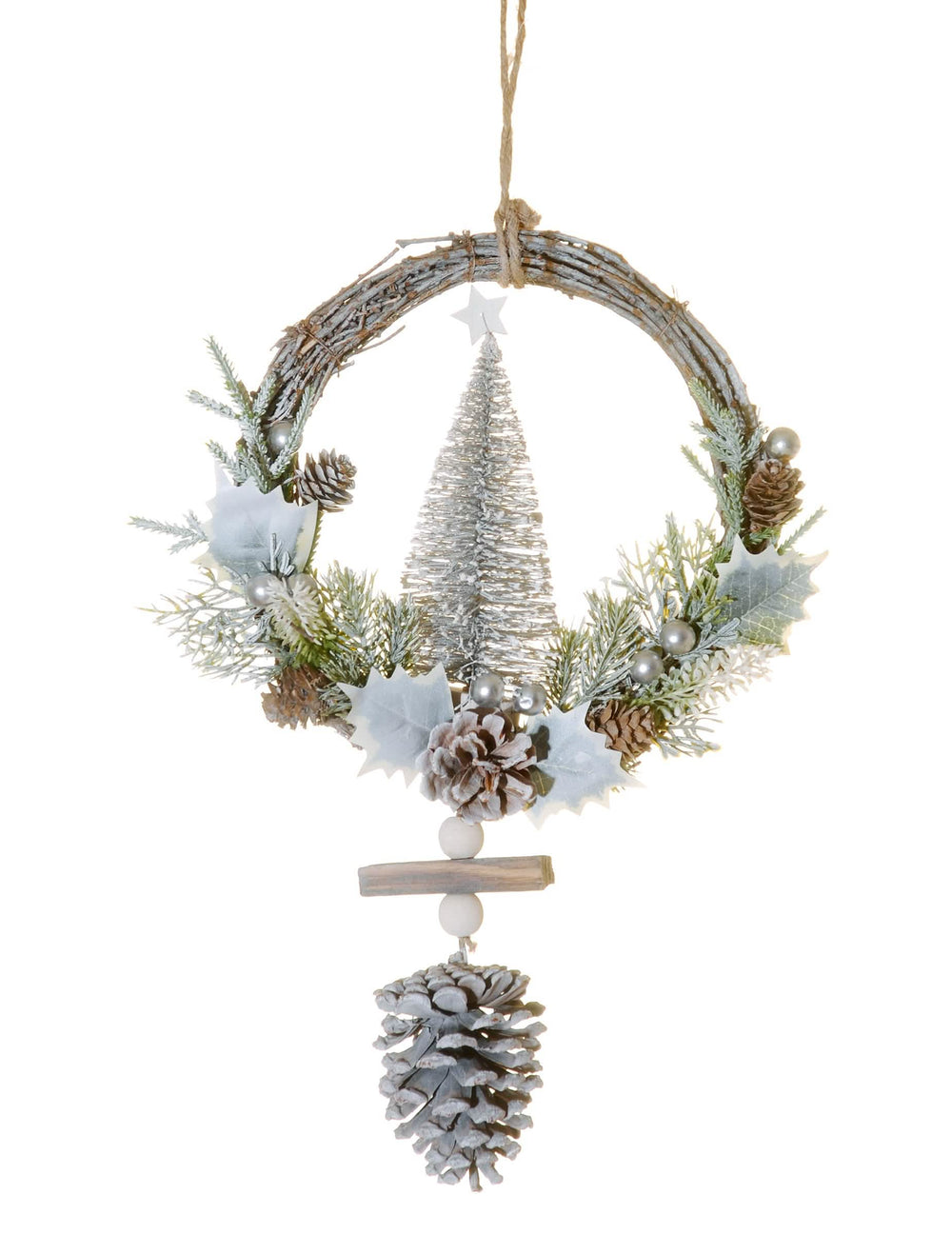 Coroa para pendurar com árvore de Natal nevada para decoração com pinhas