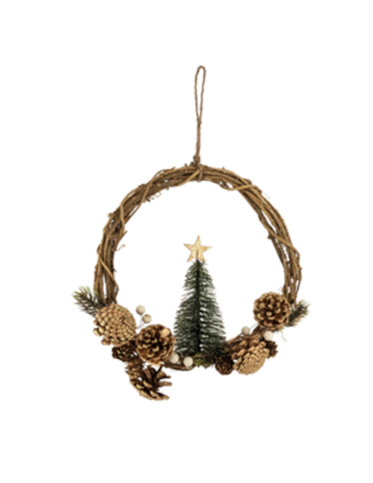 Coroa de natal para suspender com árvore e pinhas douradas
