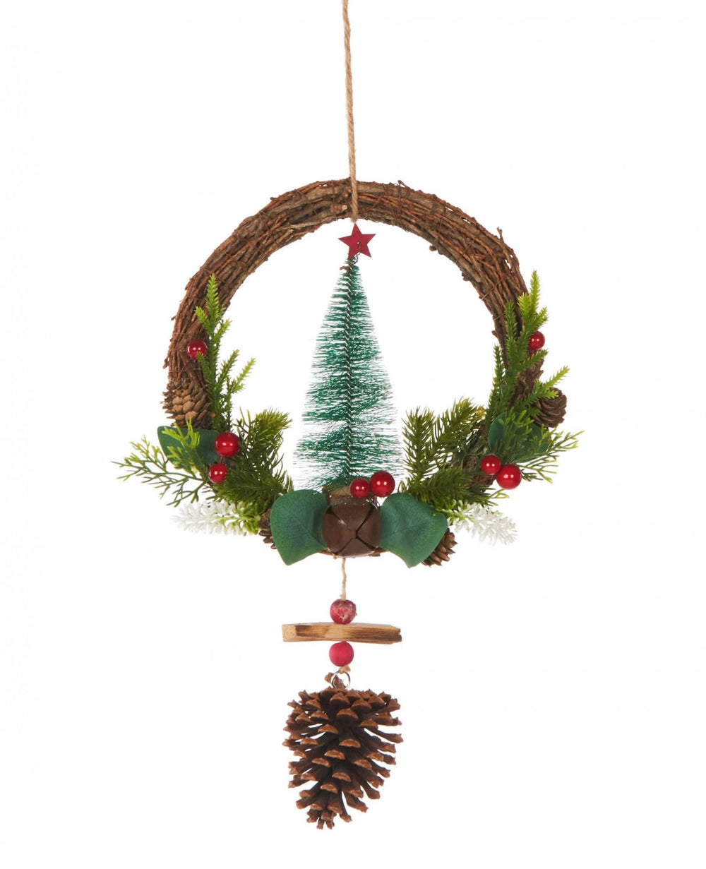 Coroa suspensa tradicional para árvore de natal e pinhas para decoração de natal verde castanho e vermelho