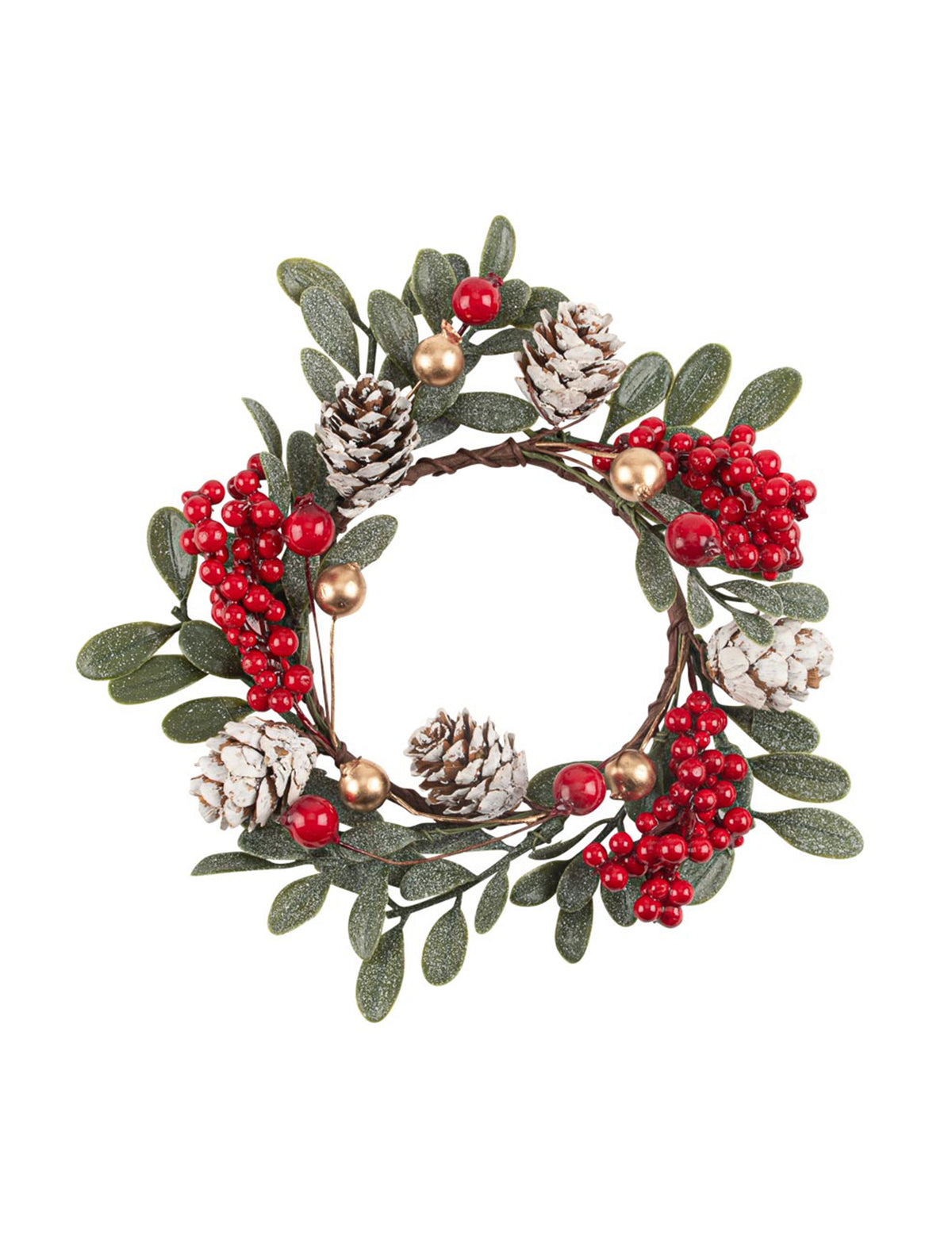 Coroa de folhagens bagas e pinhas verde vermelho e dourado 15 cm