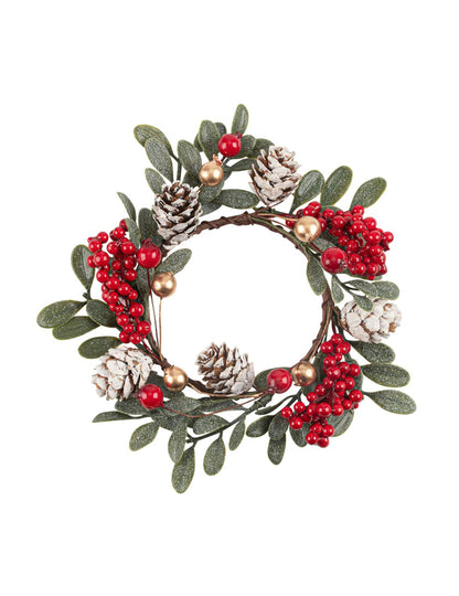 Coroa de folhagens bagas e pinhas verde vermelho e dourado 15 cm