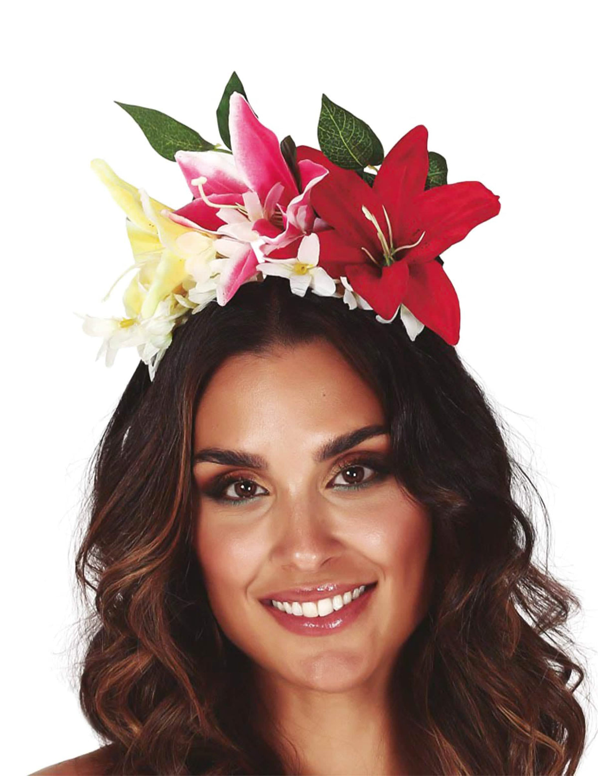 Coroa de flores aloha para mulher multicores com grandes lírios vermelhos, rosas e amarelos