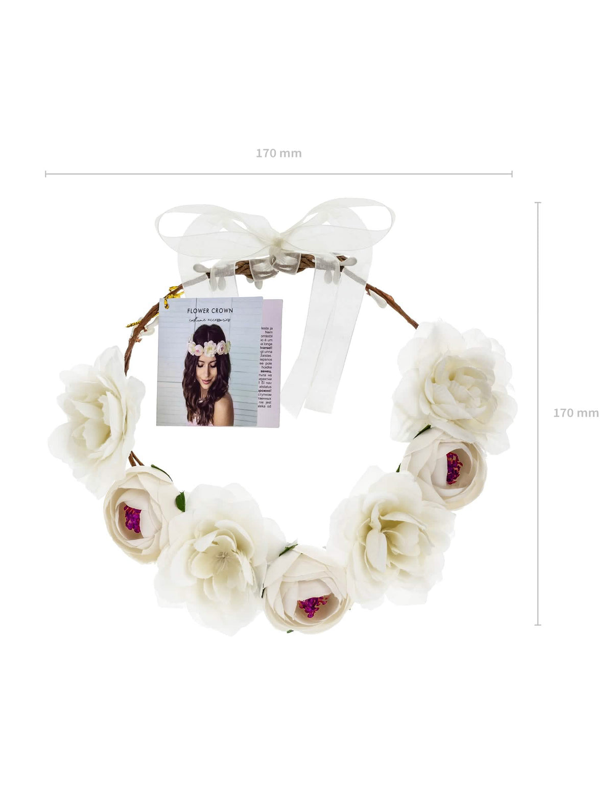 Dimensões da coroa de flores brancas para mulher