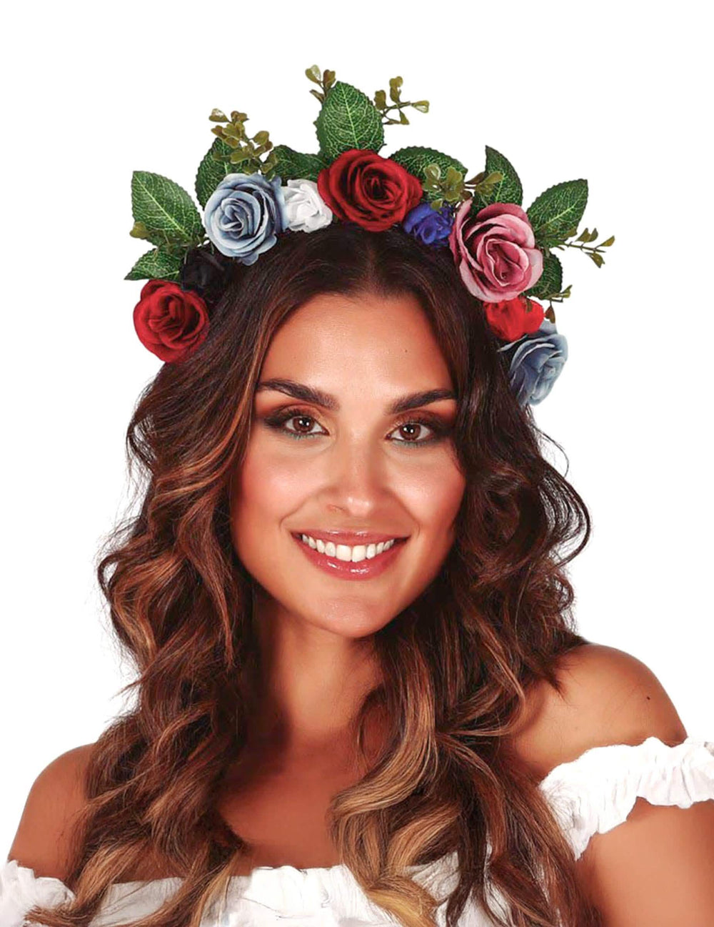 Coroa de flores escuras para mulher com rosas vermelhas e azuis